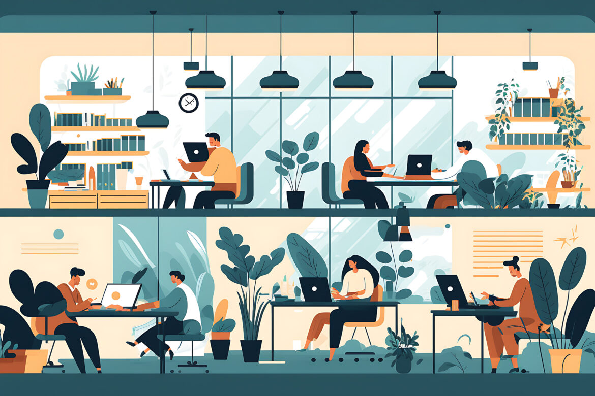 Flat vector illustration Business people working in modern coworking space