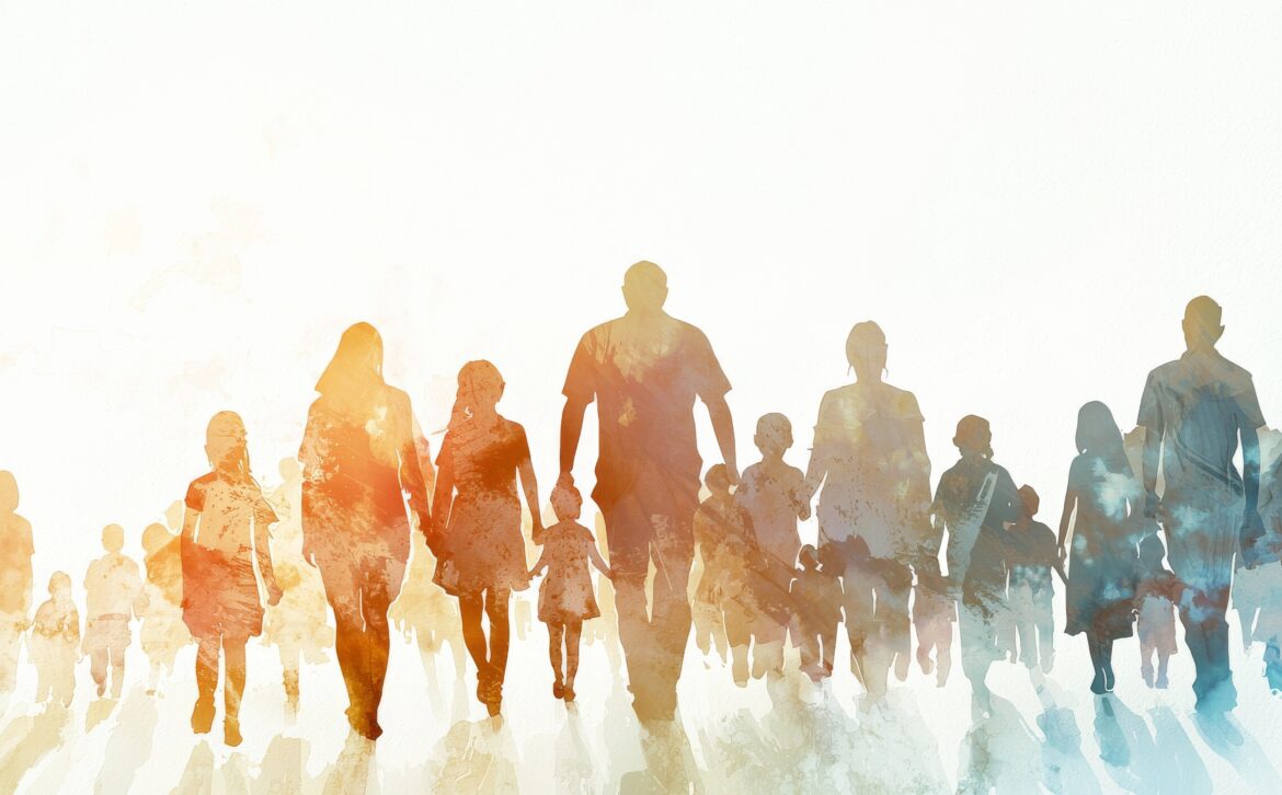 A watercolor painting depicting stylishly dressed people from a variety of age groups, including teenagers and older adults.