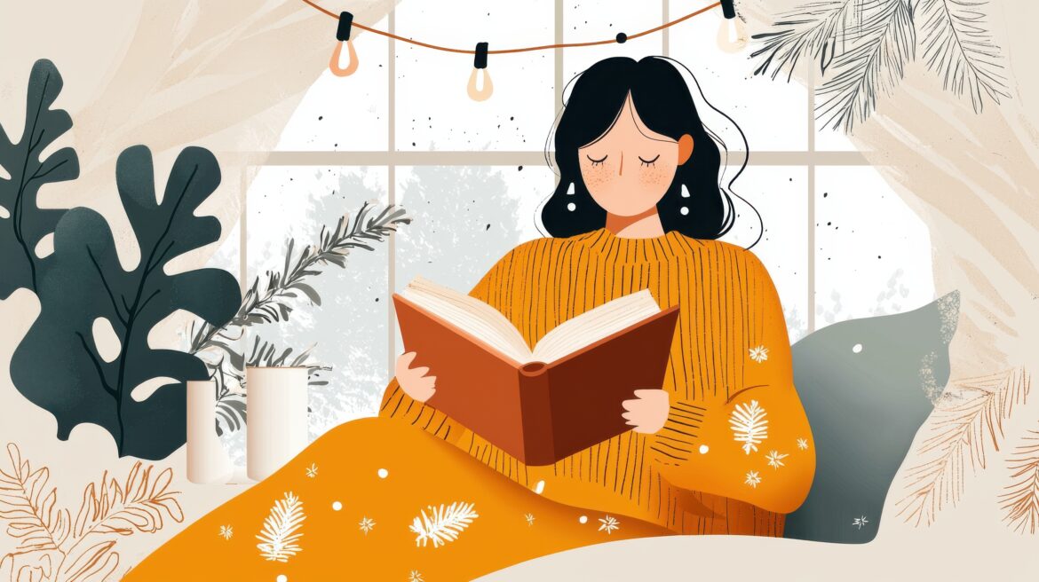 Woman Relaxing and Reading a Book in a Cozy Winter Indoor Setting with Warm Decor and Lighting